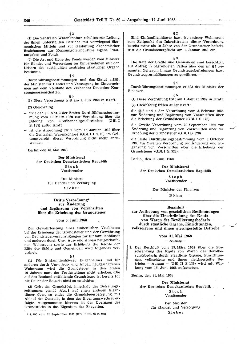 Gesetzblatt (GBl.) der Deutschen Demokratischen Republik (DDR) Teil ⅠⅠ 1968, Seite 340 (GBl. DDR ⅠⅠ 1968, S. 340)