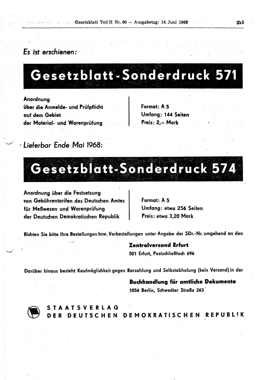 Gesetzblatt (GBl.) der Deutschen Demokratischen Republik (DDR) Teil ⅠⅠ 1968, Seite 353 (GBl. DDR ⅠⅠ 1968, S. 353)