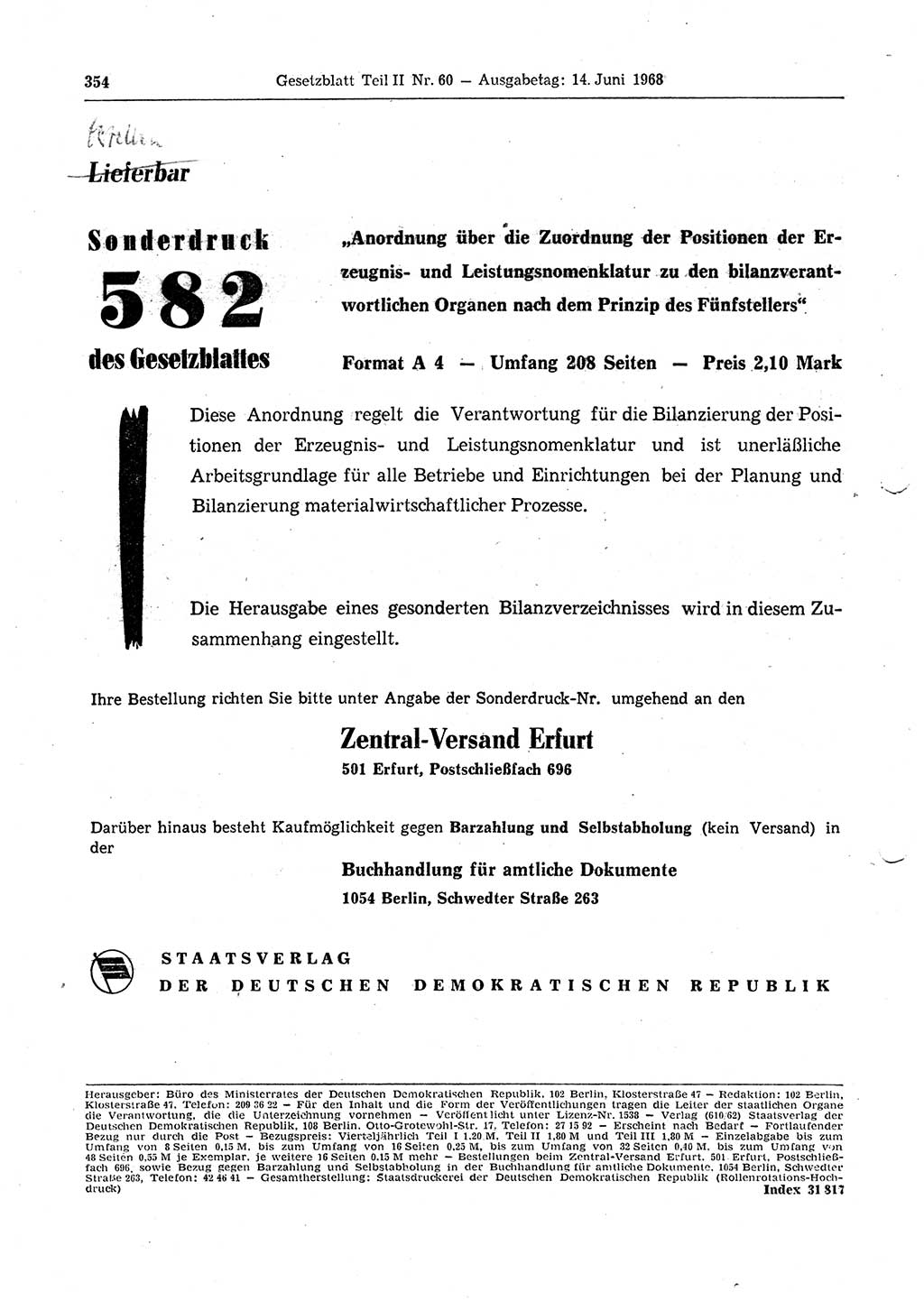 Gesetzblatt (GBl.) der Deutschen Demokratischen Republik (DDR) Teil ⅠⅠ 1968, Seite 354 (GBl. DDR ⅠⅠ 1968, S. 354)