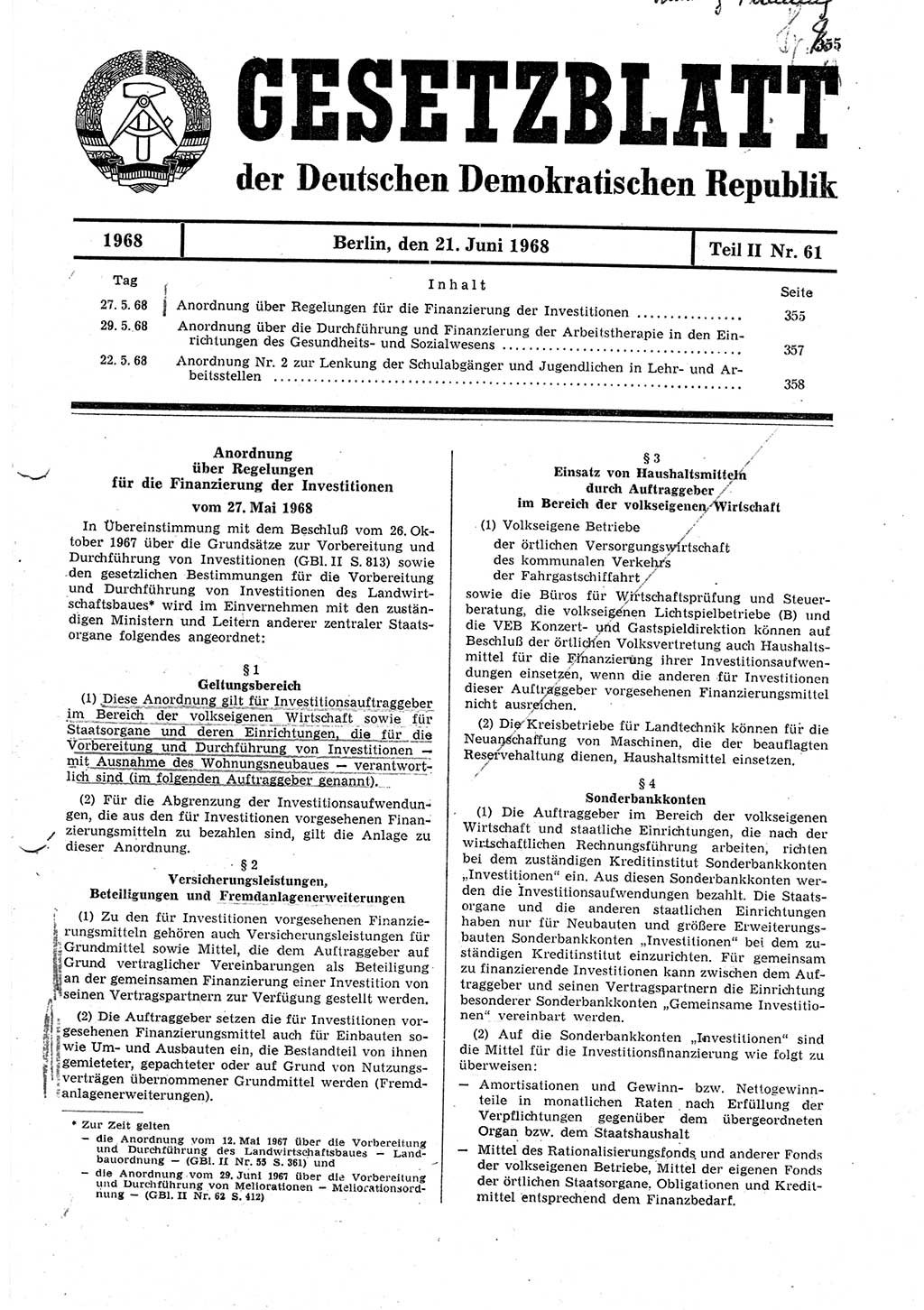 Gesetzblatt (GBl.) der Deutschen Demokratischen Republik (DDR) Teil ⅠⅠ 1968, Seite 355 (GBl. DDR ⅠⅠ 1968, S. 355)
