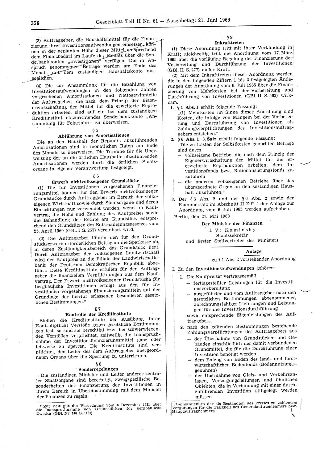 Gesetzblatt (GBl.) der Deutschen Demokratischen Republik (DDR) Teil ⅠⅠ 1968, Seite 356 (GBl. DDR ⅠⅠ 1968, S. 356)