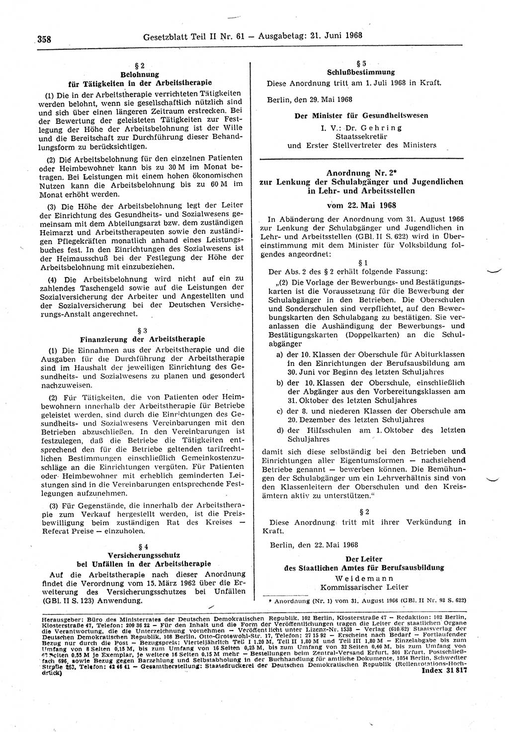 Gesetzblatt (GBl.) der Deutschen Demokratischen Republik (DDR) Teil ⅠⅠ 1968, Seite 358 (GBl. DDR ⅠⅠ 1968, S. 358)