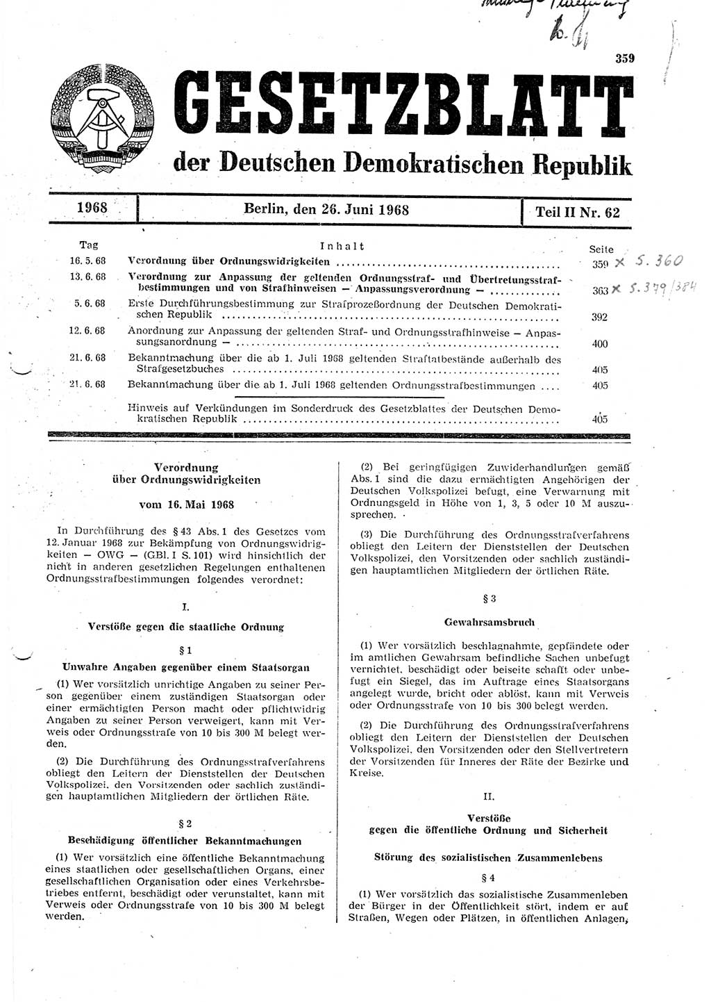 Gesetzblatt (GBl.) der Deutschen Demokratischen Republik (DDR) Teil ⅠⅠ 1968, Seite 359 (GBl. DDR ⅠⅠ 1968, S. 359)