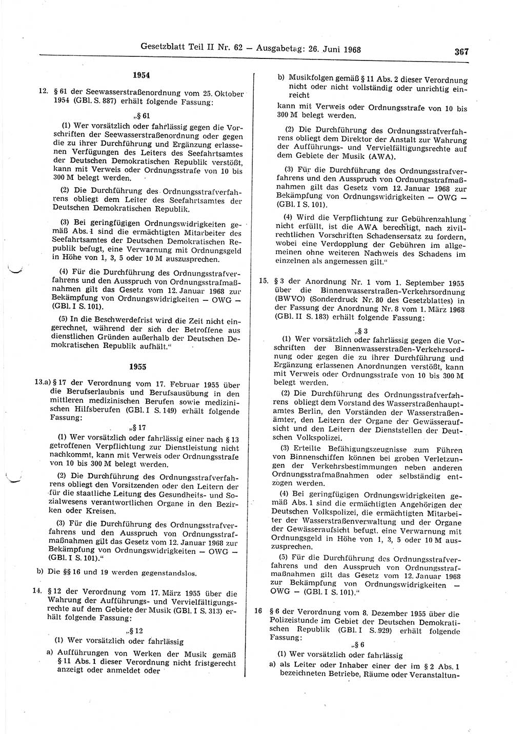 Gesetzblatt (GBl.) der Deutschen Demokratischen Republik (DDR) Teil ⅠⅠ 1968, Seite 367 (GBl. DDR ⅠⅠ 1968, S. 367)