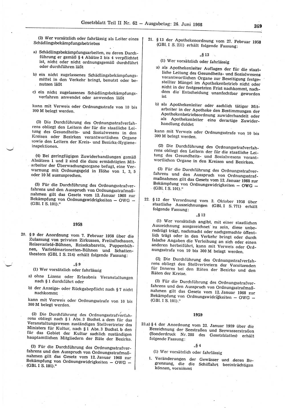 Gesetzblatt (GBl.) der Deutschen Demokratischen Republik (DDR) Teil ⅠⅠ 1968, Seite 369 (GBl. DDR ⅠⅠ 1968, S. 369)