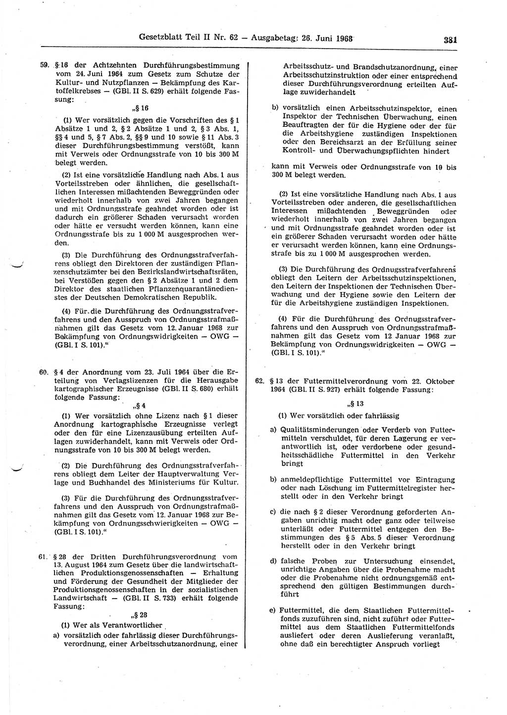 Gesetzblatt (GBl.) der Deutschen Demokratischen Republik (DDR) Teil ⅠⅠ 1968, Seite 381 (GBl. DDR ⅠⅠ 1968, S. 381)