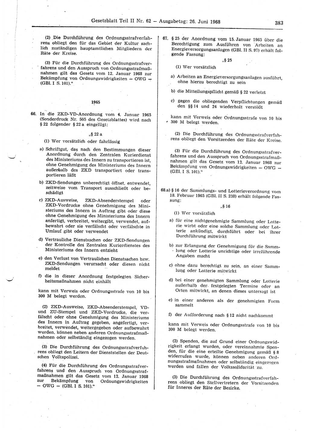 Gesetzblatt (GBl.) der Deutschen Demokratischen Republik (DDR) Teil ⅠⅠ 1968, Seite 383 (GBl. DDR ⅠⅠ 1968, S. 383)