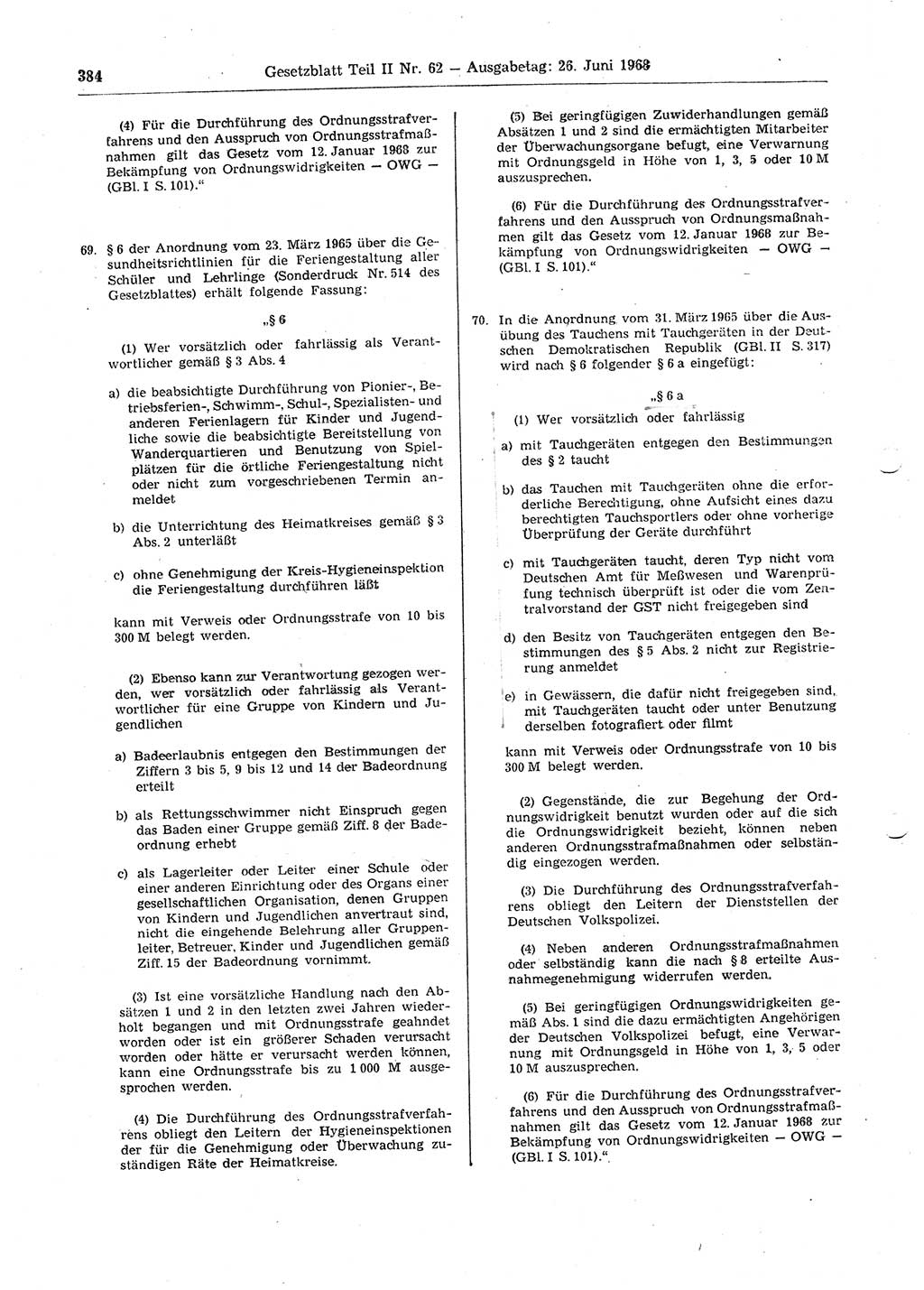 Gesetzblatt (GBl.) der Deutschen Demokratischen Republik (DDR) Teil ⅠⅠ 1968, Seite 384 (GBl. DDR ⅠⅠ 1968, S. 384)