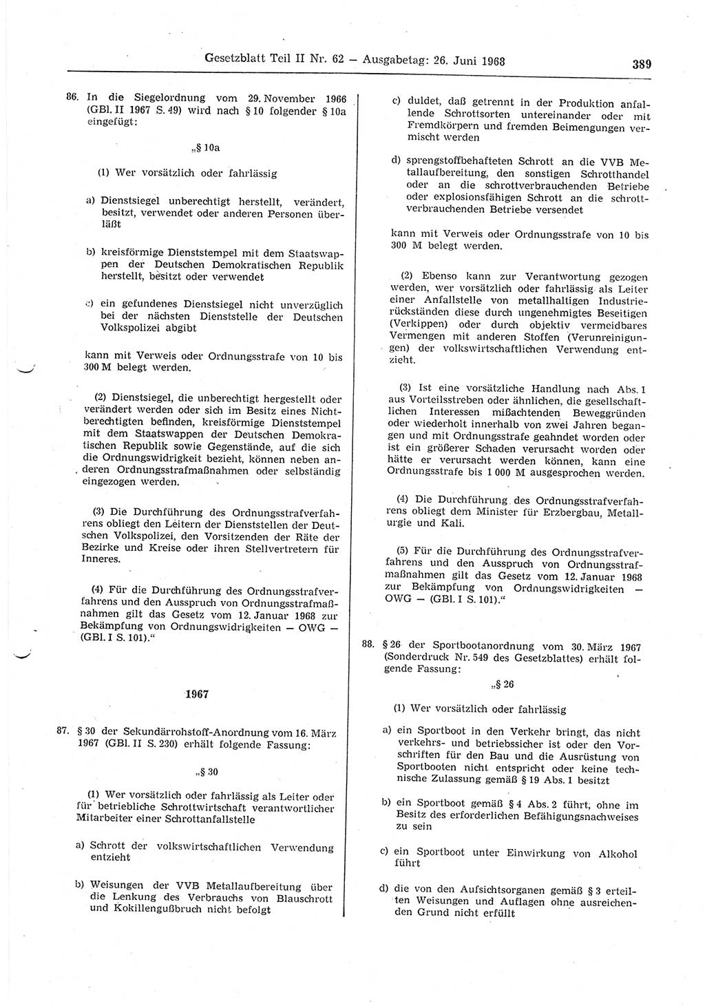 Gesetzblatt (GBl.) der Deutschen Demokratischen Republik (DDR) Teil ⅠⅠ 1968, Seite 389 (GBl. DDR ⅠⅠ 1968, S. 389)