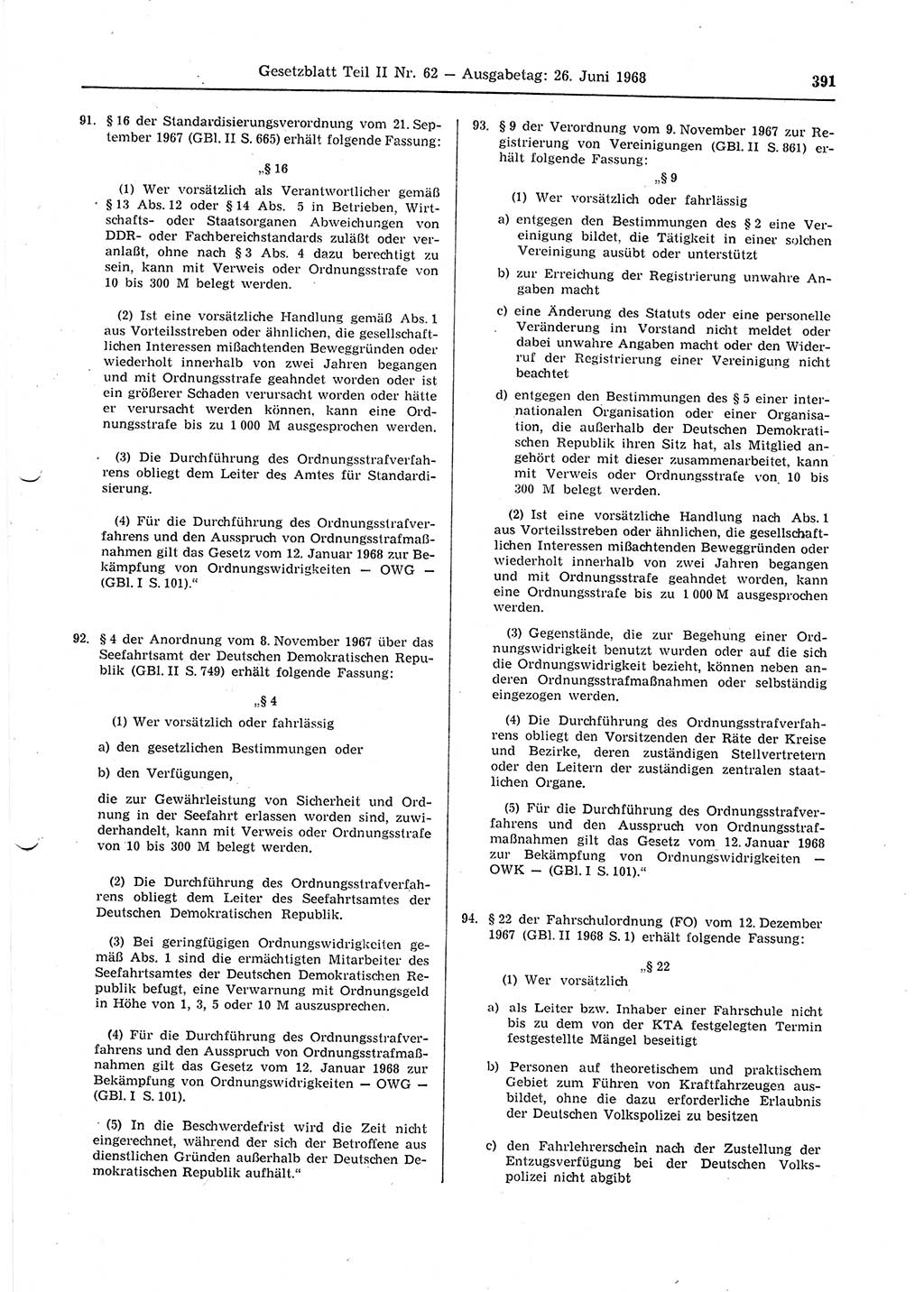 Gesetzblatt (GBl.) der Deutschen Demokratischen Republik (DDR) Teil ⅠⅠ 1968, Seite 391 (GBl. DDR ⅠⅠ 1968, S. 391)