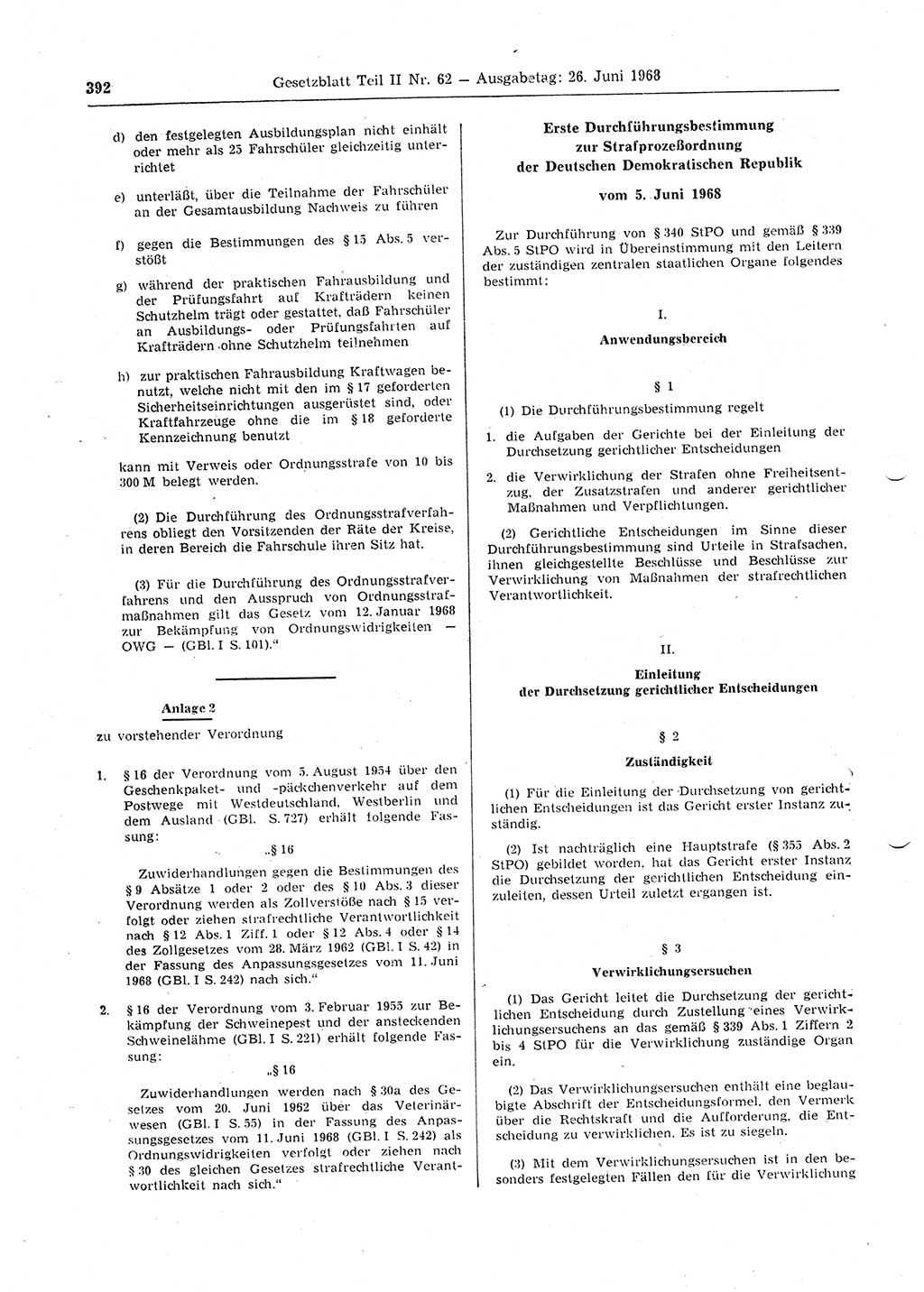 Gesetzblatt (GBl.) der Deutschen Demokratischen Republik (DDR) Teil ⅠⅠ 1968, Seite 392 (GBl. DDR ⅠⅠ 1968, S. 392)
