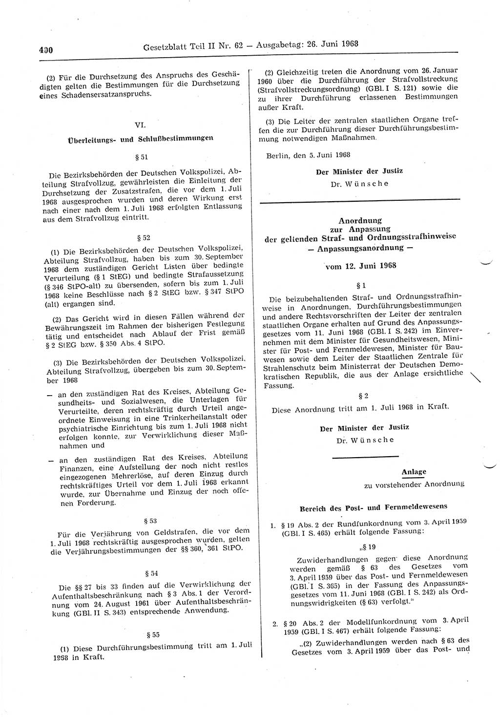 Gesetzblatt (GBl.) der Deutschen Demokratischen Republik (DDR) Teil ⅠⅠ 1968, Seite 400 (GBl. DDR ⅠⅠ 1968, S. 400)
