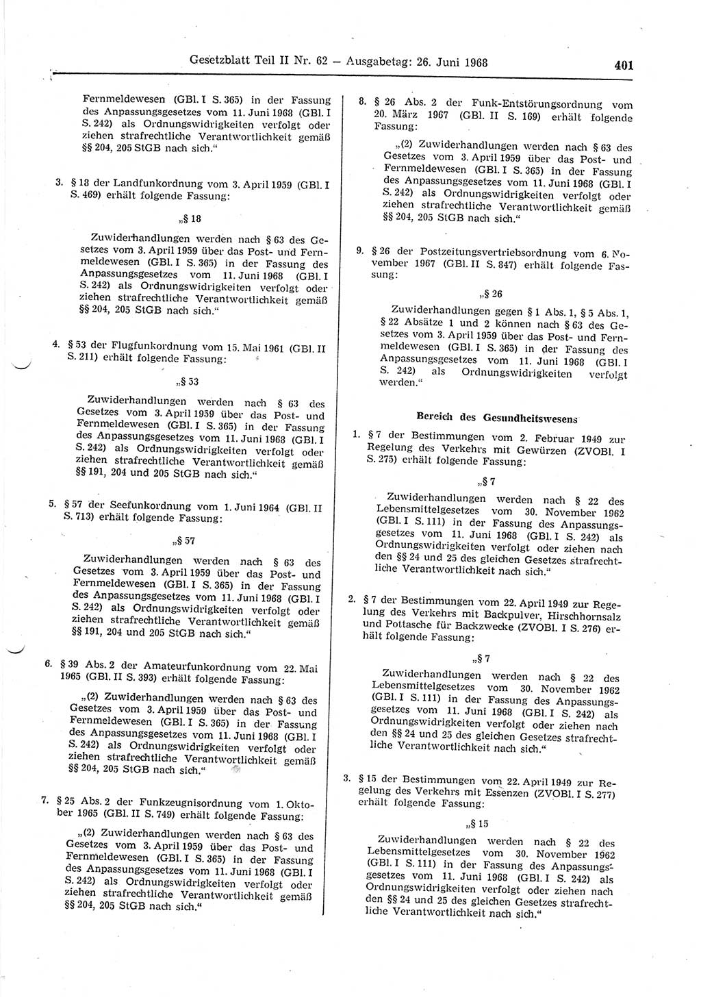 Gesetzblatt (GBl.) der Deutschen Demokratischen Republik (DDR) Teil ⅠⅠ 1968, Seite 401 (GBl. DDR ⅠⅠ 1968, S. 401)