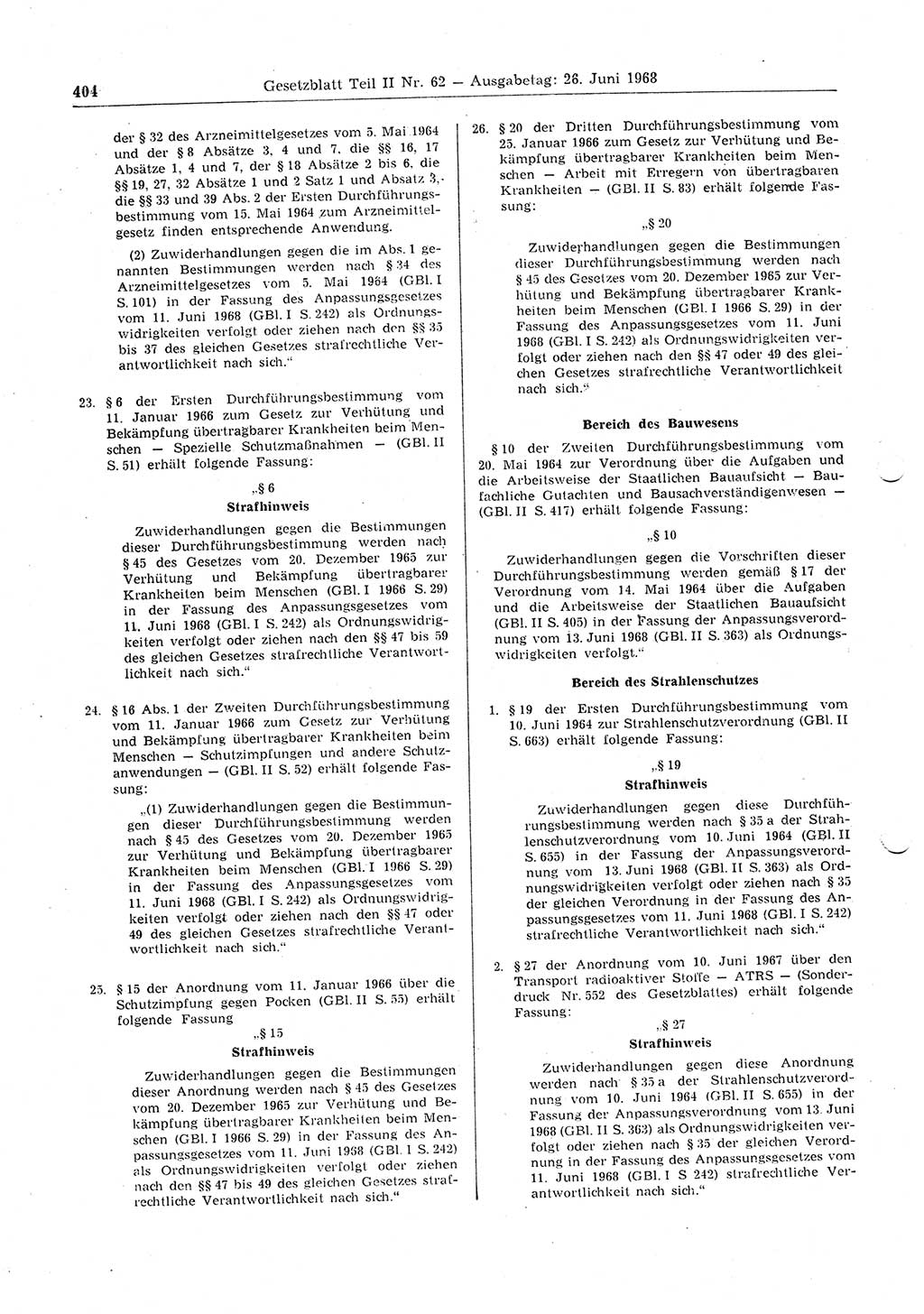 Gesetzblatt (GBl.) der Deutschen Demokratischen Republik (DDR) Teil ⅠⅠ 1968, Seite 404 (GBl. DDR ⅠⅠ 1968, S. 404)