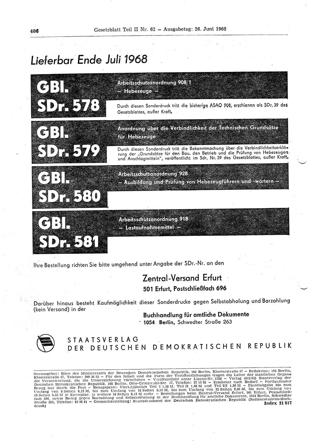 Gesetzblatt (GBl.) der Deutschen Demokratischen Republik (DDR) Teil ⅠⅠ 1968, Seite 406 (GBl. DDR ⅠⅠ 1968, S. 406)