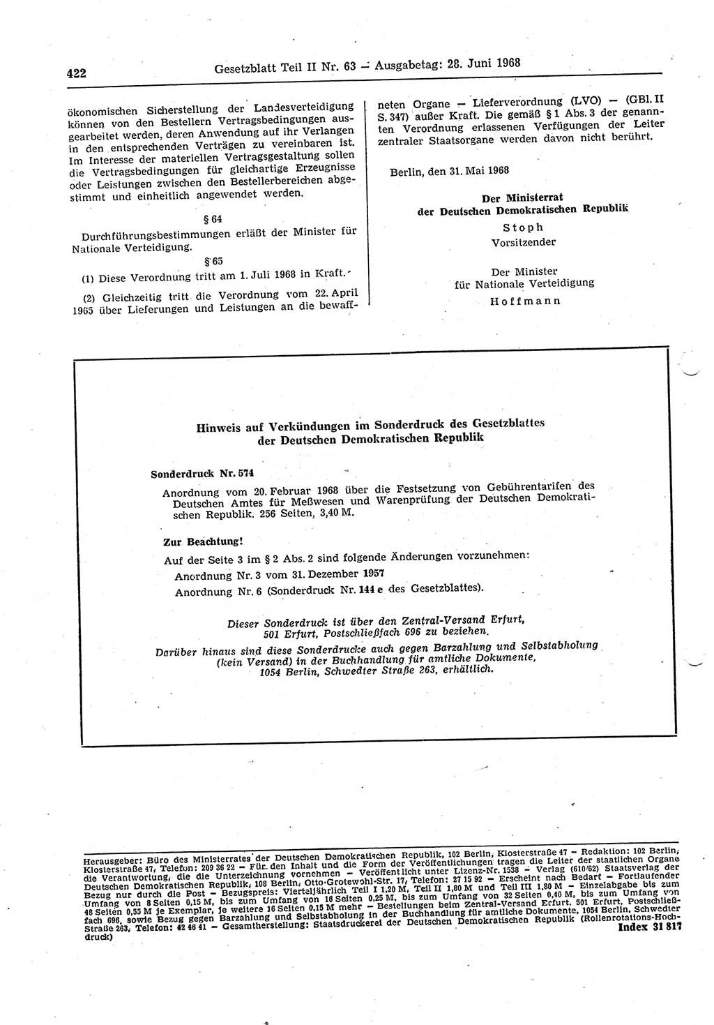 Gesetzblatt (GBl.) der Deutschen Demokratischen Republik (DDR) Teil ⅠⅠ 1968, Seite 422 (GBl. DDR ⅠⅠ 1968, S. 422)