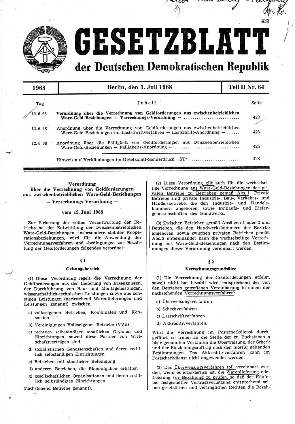 Gesetzblatt (GBl.) der Deutschen Demokratischen Republik (DDR) Teil ⅠⅠ 1968, Seite 423 (GBl. DDR ⅠⅠ 1968, S. 423)