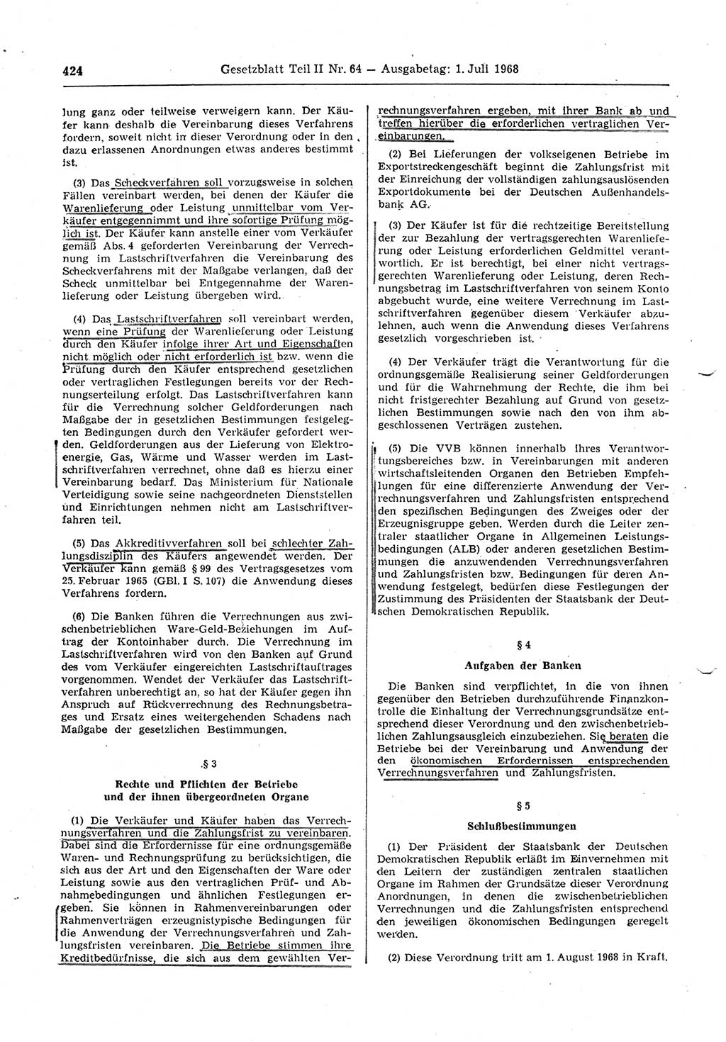 Gesetzblatt (GBl.) der Deutschen Demokratischen Republik (DDR) Teil ⅠⅠ 1968, Seite 424 (GBl. DDR ⅠⅠ 1968, S. 424)