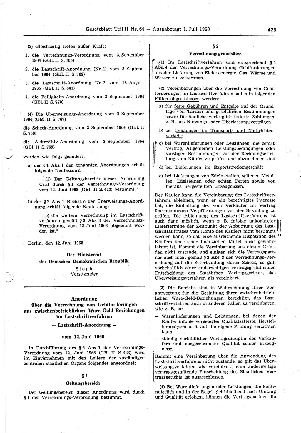 Gesetzblatt (GBl.) der Deutschen Demokratischen Republik (DDR) Teil ⅠⅠ 1968, Seite 425 (GBl. DDR ⅠⅠ 1968, S. 425)