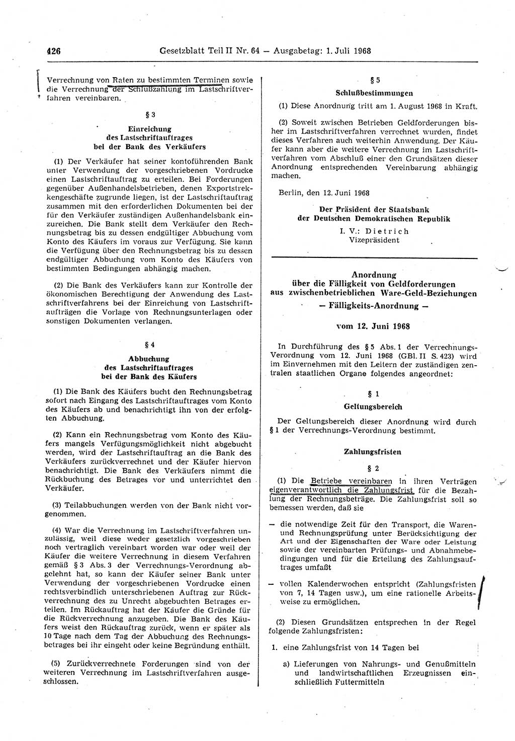 Gesetzblatt (GBl.) der Deutschen Demokratischen Republik (DDR) Teil ⅠⅠ 1968, Seite 426 (GBl. DDR ⅠⅠ 1968, S. 426)