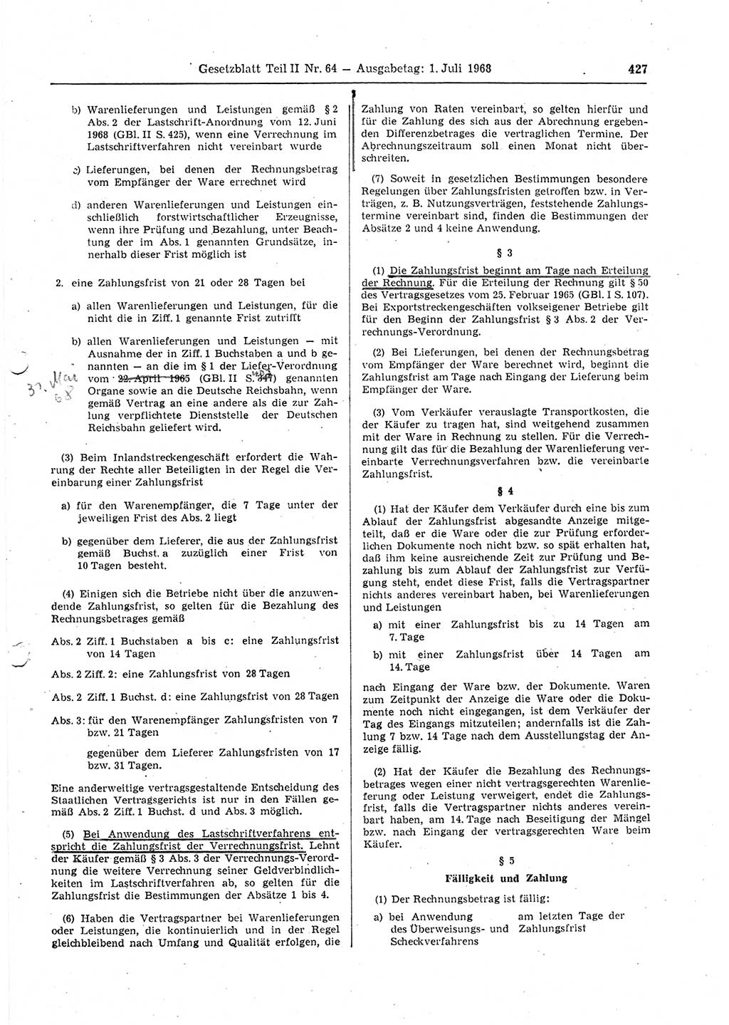 Gesetzblatt (GBl.) der Deutschen Demokratischen Republik (DDR) Teil ⅠⅠ 1968, Seite 427 (GBl. DDR ⅠⅠ 1968, S. 427)