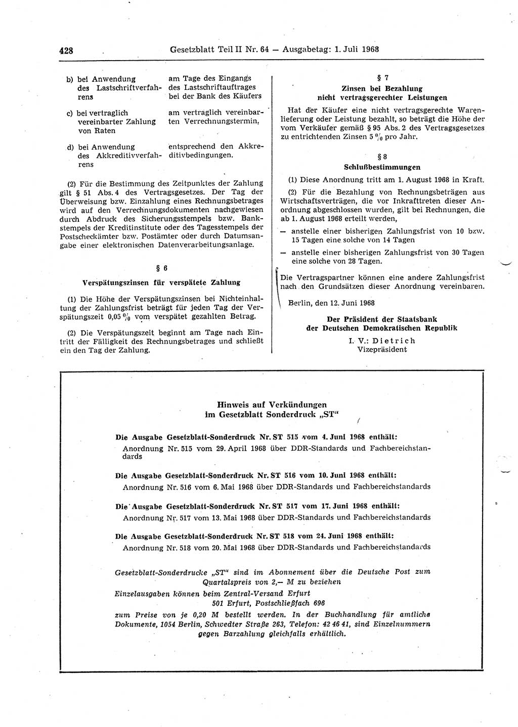 Gesetzblatt (GBl.) der Deutschen Demokratischen Republik (DDR) Teil ⅠⅠ 1968, Seite 428 (GBl. DDR ⅠⅠ 1968, S. 428)
