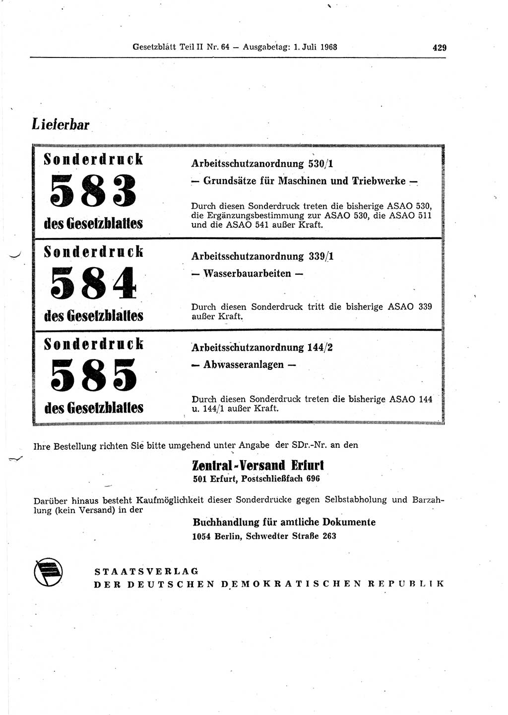 Gesetzblatt (GBl.) der Deutschen Demokratischen Republik (DDR) Teil ⅠⅠ 1968, Seite 429 (GBl. DDR ⅠⅠ 1968, S. 429)