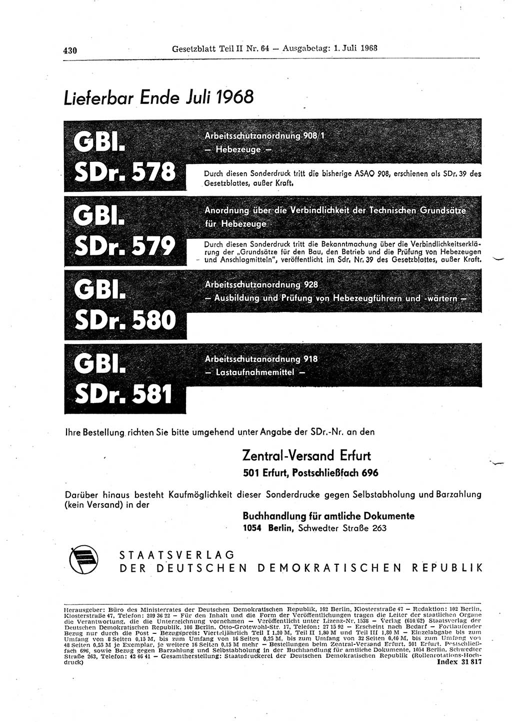 Gesetzblatt (GBl.) der Deutschen Demokratischen Republik (DDR) Teil ⅠⅠ 1968, Seite 430 (GBl. DDR ⅠⅠ 1968, S. 430)
