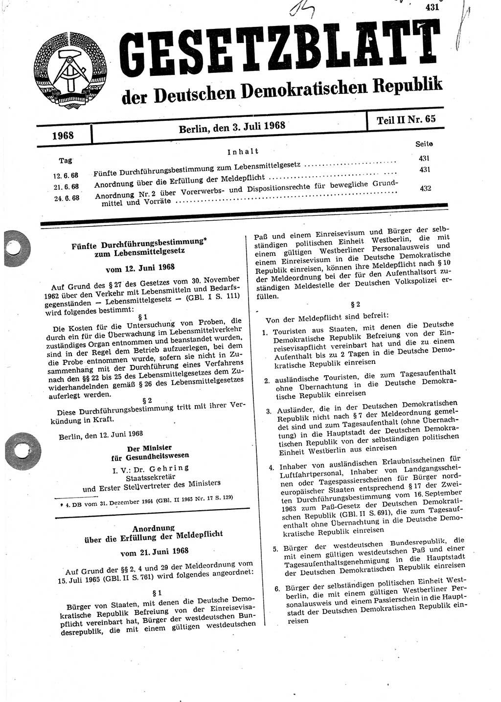 Gesetzblatt (GBl.) der Deutschen Demokratischen Republik (DDR) Teil ⅠⅠ 1968, Seite 431 (GBl. DDR ⅠⅠ 1968, S. 431)