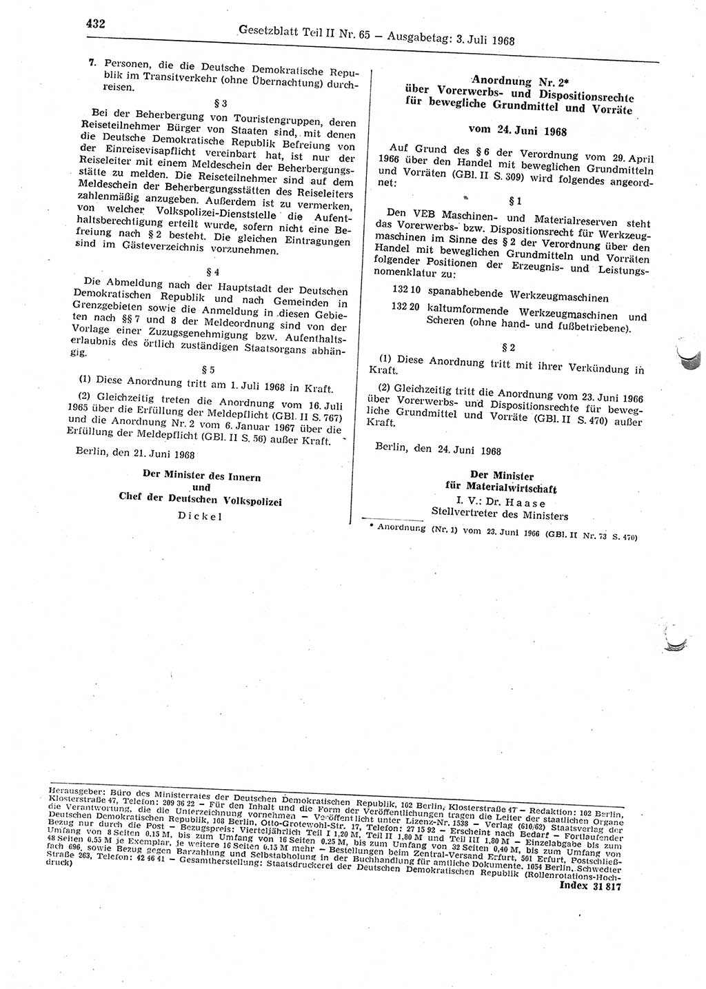 Gesetzblatt (GBl.) der Deutschen Demokratischen Republik (DDR) Teil ⅠⅠ 1968, Seite 432 (GBl. DDR ⅠⅠ 1968, S. 432)