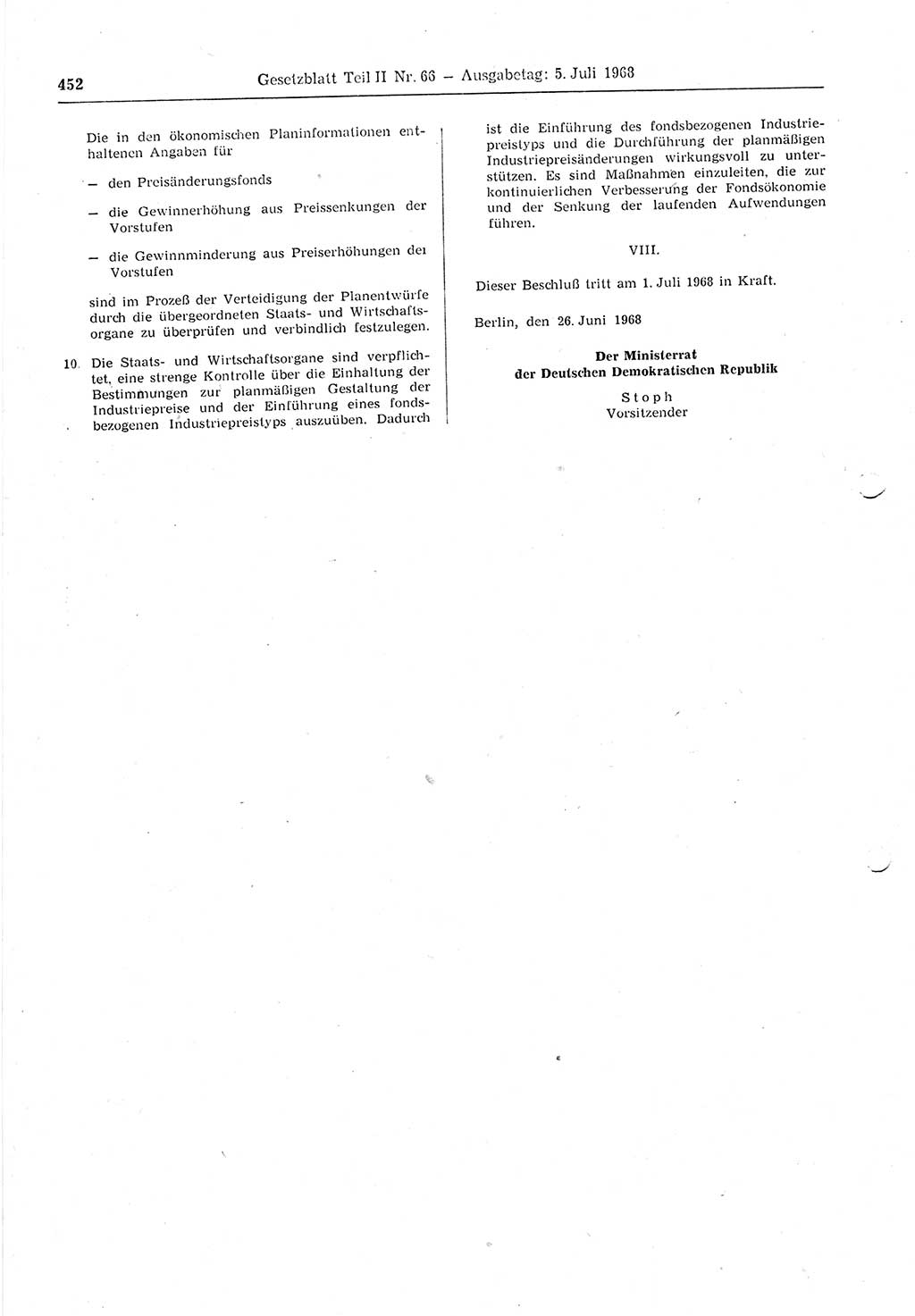 Gesetzblatt (GBl.) der Deutschen Demokratischen Republik (DDR) Teil ⅠⅠ 1968, Seite 452 (GBl. DDR ⅠⅠ 1968, S. 452)
