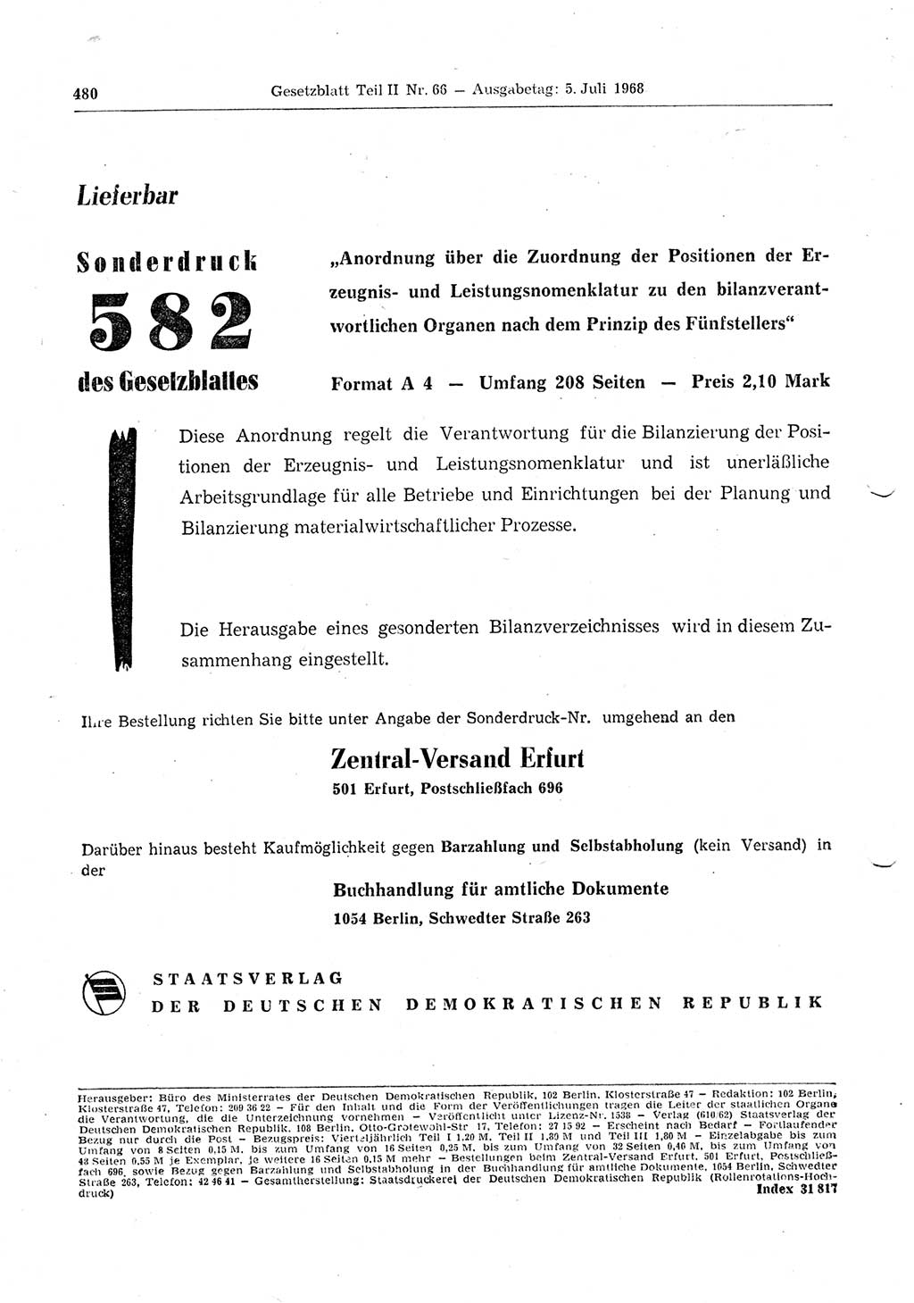 Gesetzblatt (GBl.) der Deutschen Demokratischen Republik (DDR) Teil ⅠⅠ 1968, Seite 480 (GBl. DDR ⅠⅠ 1968, S. 480)