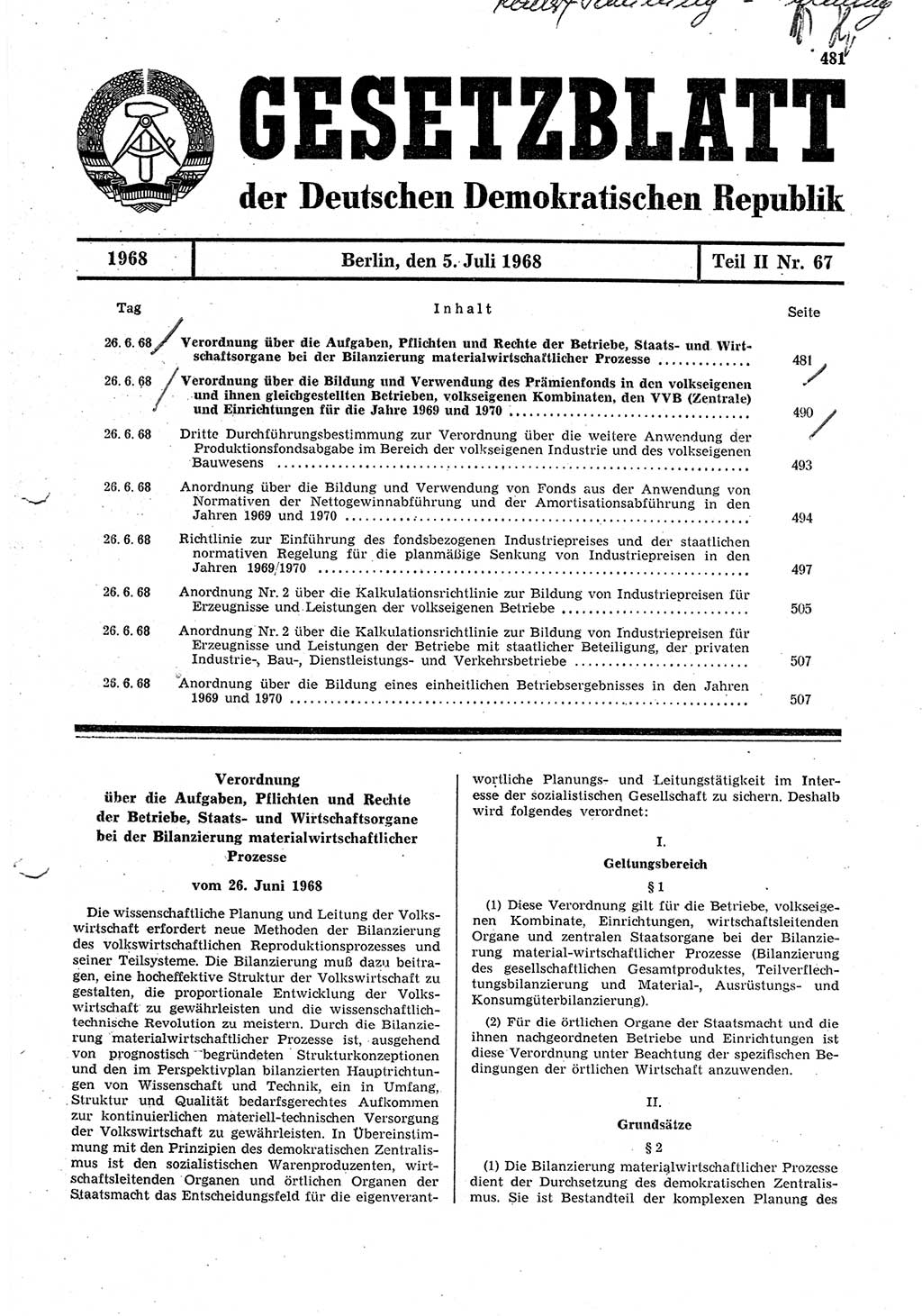 Gesetzblatt (GBl.) der Deutschen Demokratischen Republik (DDR) Teil ⅠⅠ 1968, Seite 481 (GBl. DDR ⅠⅠ 1968, S. 481)