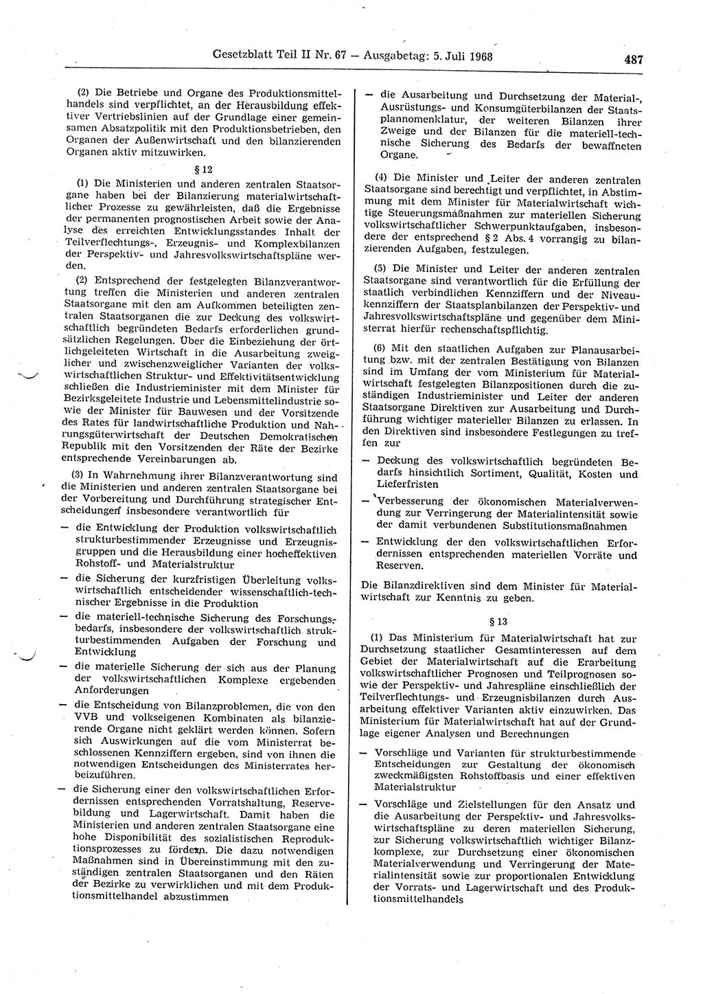 Gesetzblatt (GBl.) der Deutschen Demokratischen Republik (DDR) Teil ⅠⅠ 1968, Seite 487 (GBl. DDR ⅠⅠ 1968, S. 487)