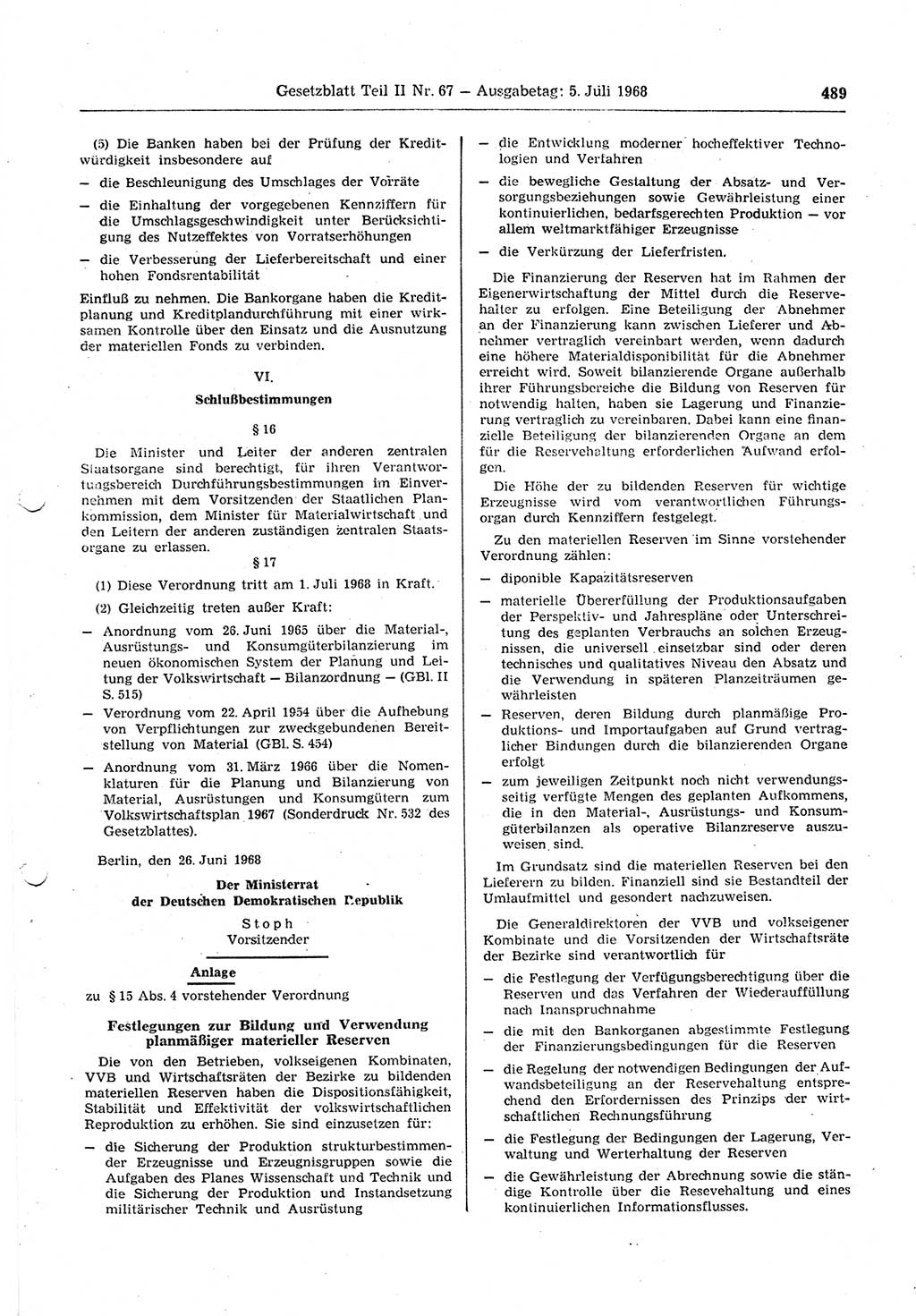 Gesetzblatt (GBl.) der Deutschen Demokratischen Republik (DDR) Teil ⅠⅠ 1968, Seite 489 (GBl. DDR ⅠⅠ 1968, S. 489)