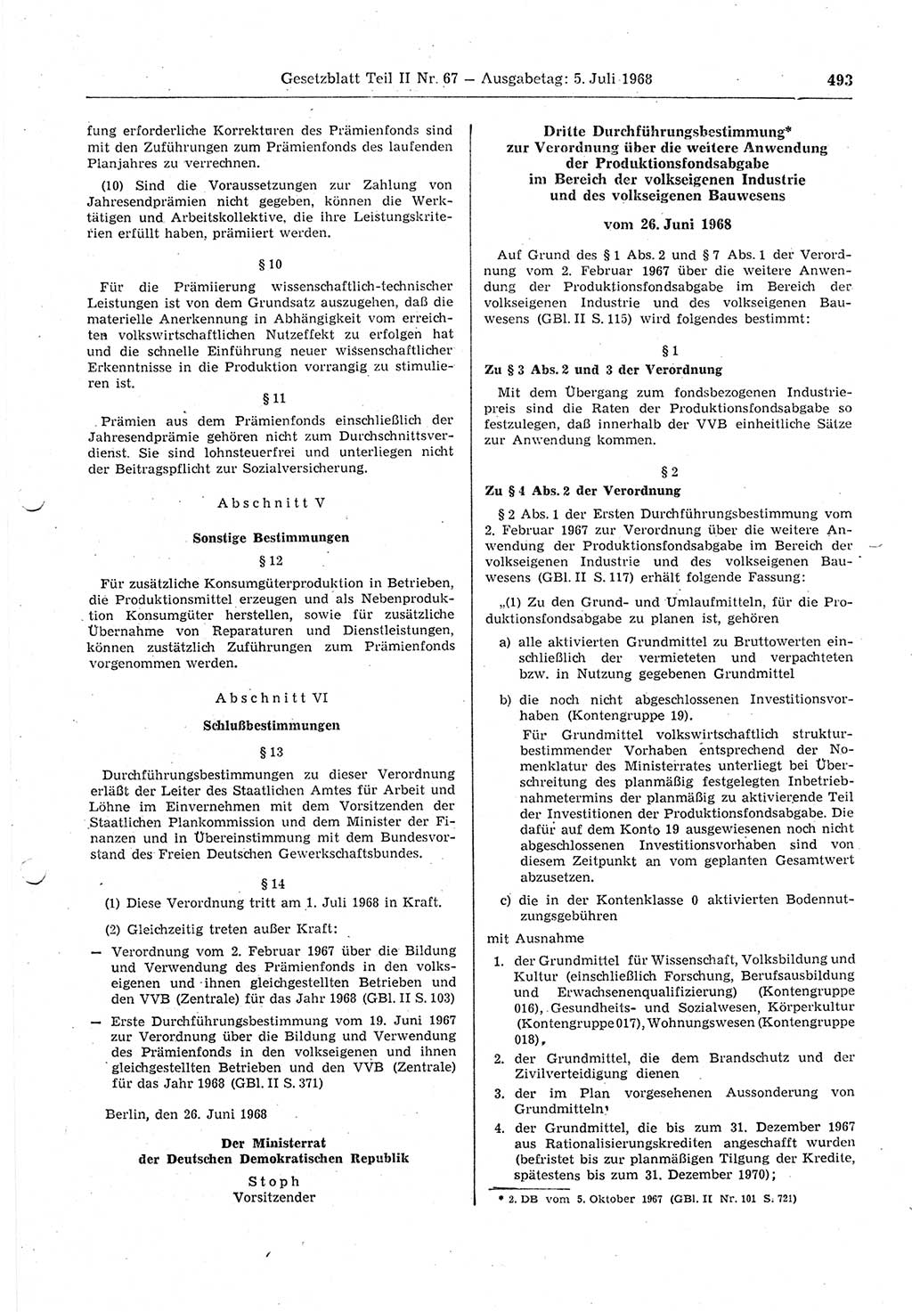 Gesetzblatt (GBl.) der Deutschen Demokratischen Republik (DDR) Teil ⅠⅠ 1968, Seite 493 (GBl. DDR ⅠⅠ 1968, S. 493)