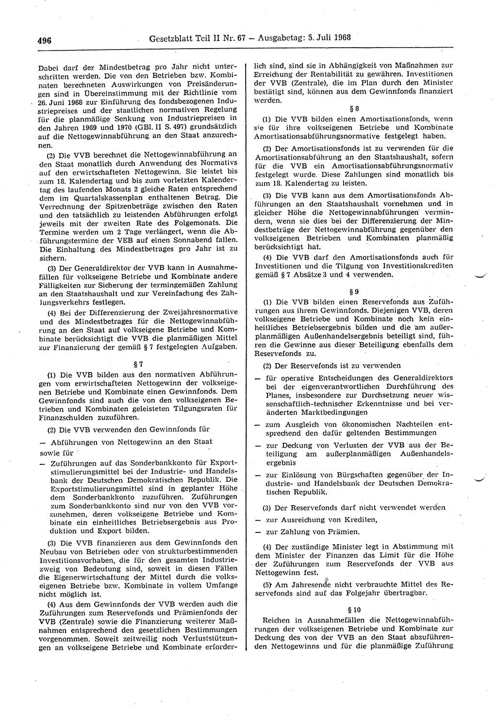 Gesetzblatt (GBl.) der Deutschen Demokratischen Republik (DDR) Teil ⅠⅠ 1968, Seite 496 (GBl. DDR ⅠⅠ 1968, S. 496)