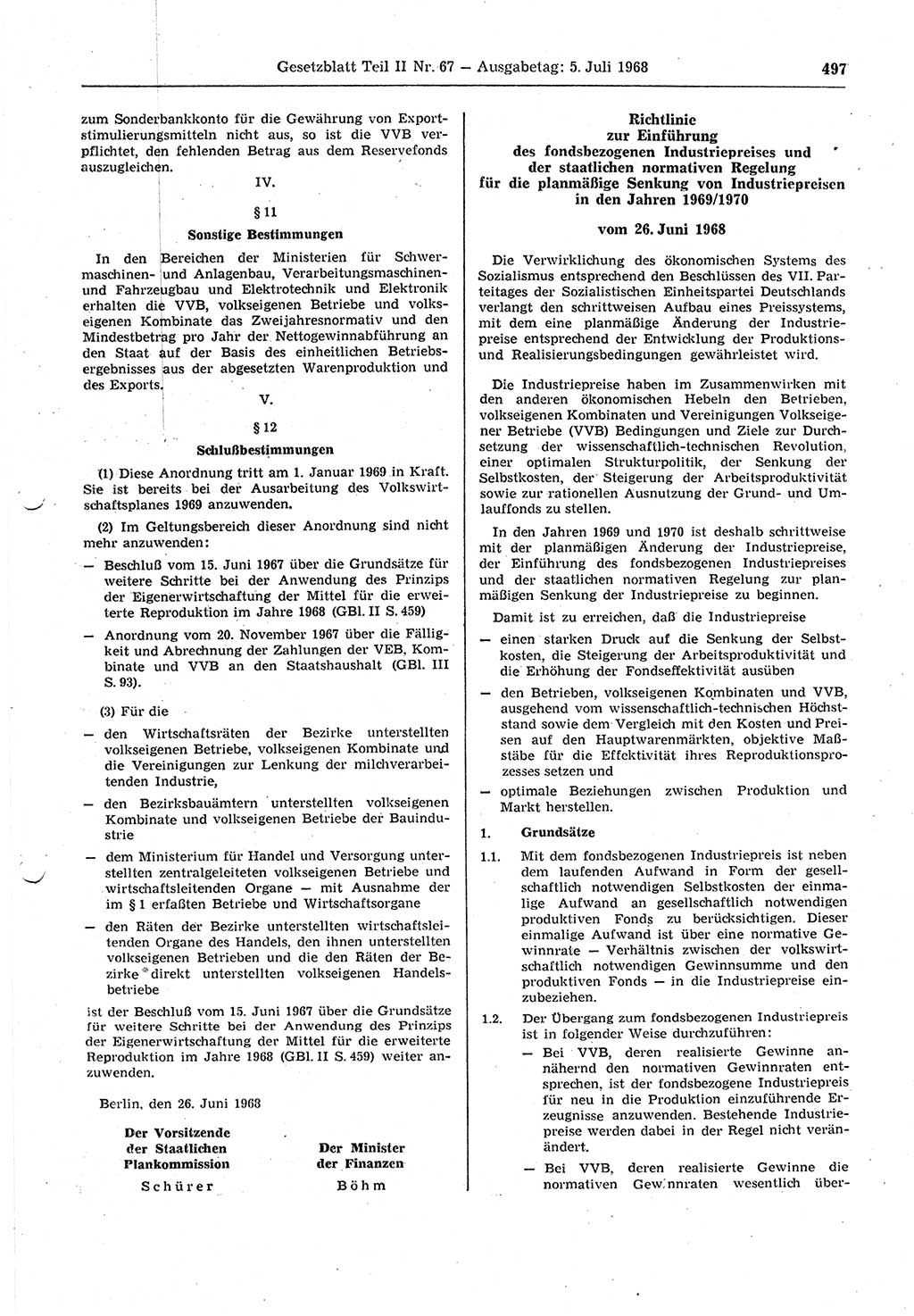 Gesetzblatt (GBl.) der Deutschen Demokratischen Republik (DDR) Teil ⅠⅠ 1968, Seite 497 (GBl. DDR ⅠⅠ 1968, S. 497)