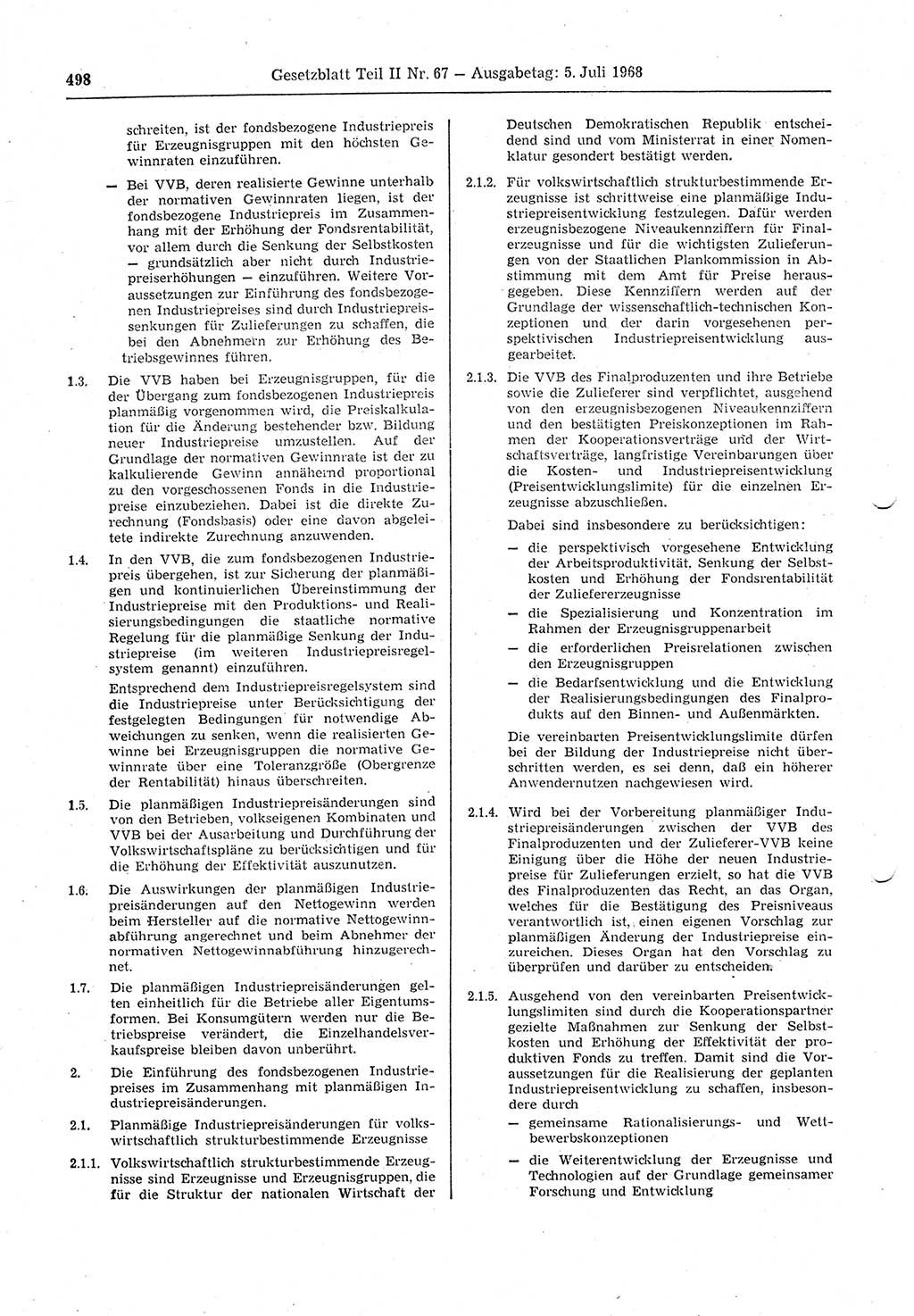 Gesetzblatt (GBl.) der Deutschen Demokratischen Republik (DDR) Teil ⅠⅠ 1968, Seite 498 (GBl. DDR ⅠⅠ 1968, S. 498)