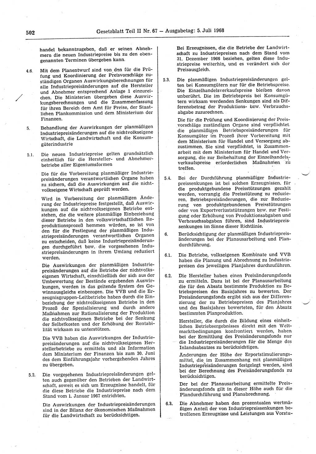 Gesetzblatt (GBl.) der Deutschen Demokratischen Republik (DDR) Teil ⅠⅠ 1968, Seite 502 (GBl. DDR ⅠⅠ 1968, S. 502)