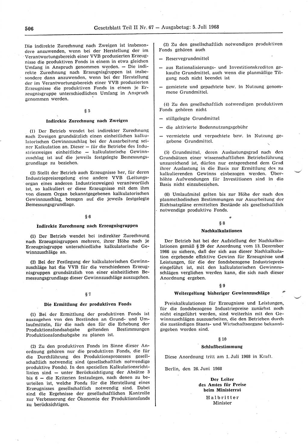 Gesetzblatt (GBl.) der Deutschen Demokratischen Republik (DDR) Teil ⅠⅠ 1968, Seite 506 (GBl. DDR ⅠⅠ 1968, S. 506)