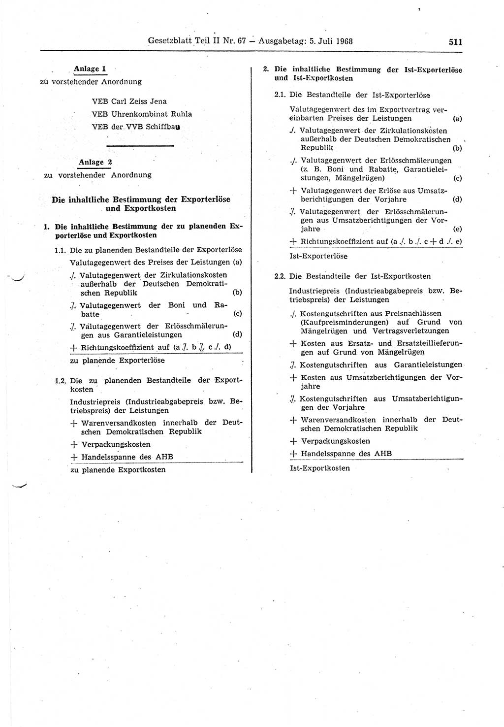 Gesetzblatt (GBl.) der Deutschen Demokratischen Republik (DDR) Teil ⅠⅠ 1968, Seite 511 (GBl. DDR ⅠⅠ 1968, S. 511)