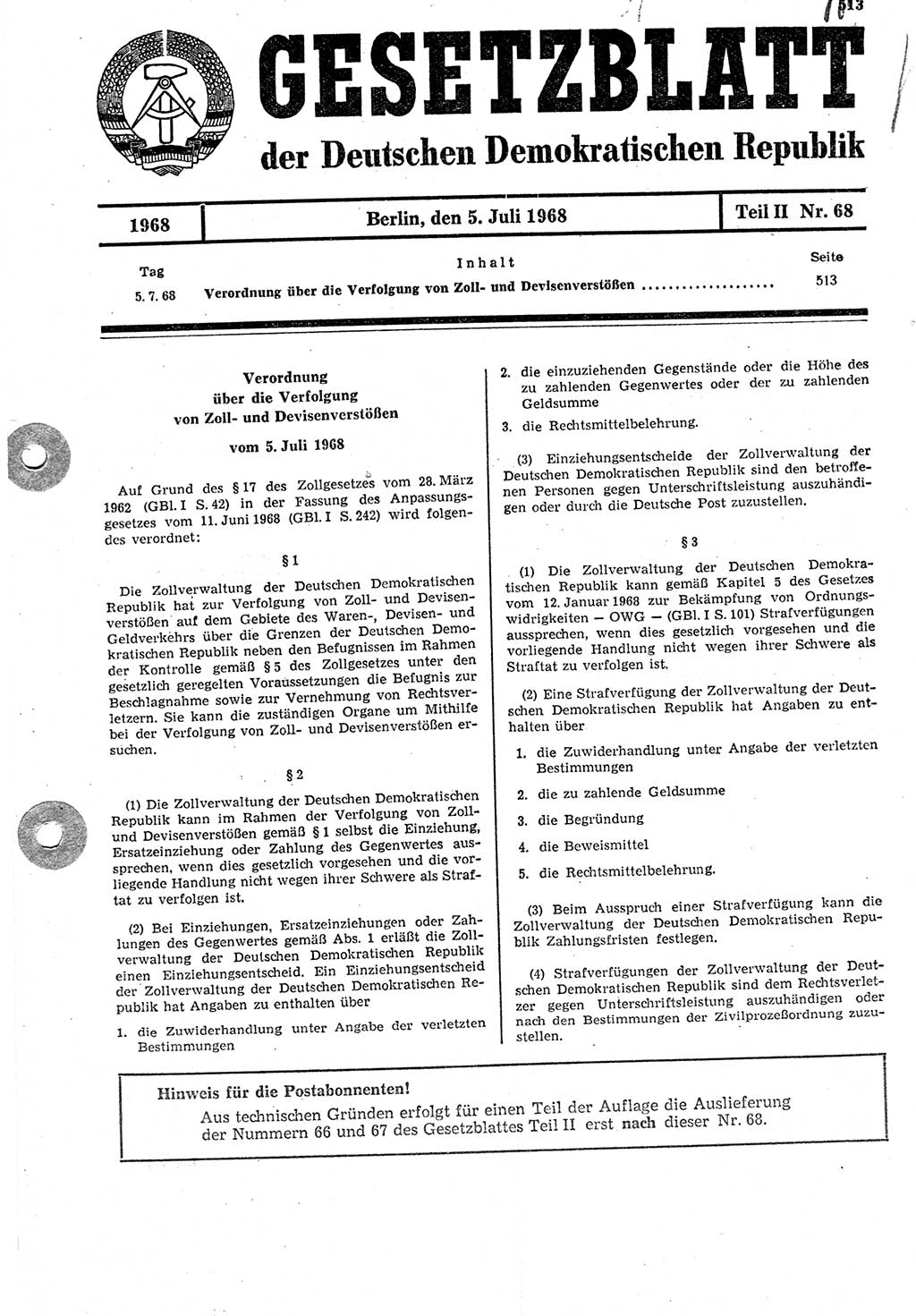 Gesetzblatt (GBl.) der Deutschen Demokratischen Republik (DDR) Teil ⅠⅠ 1968, Seite 513 (GBl. DDR ⅠⅠ 1968, S. 513)