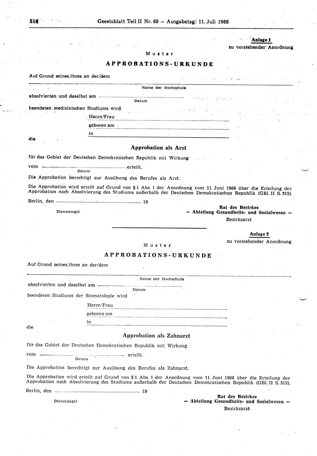 Gesetzblatt (GBl.) der Deutschen Demokratischen Republik (DDR) Teil ⅠⅠ 1968, Seite 516 (GBl. DDR ⅠⅠ 1968, S. 516)