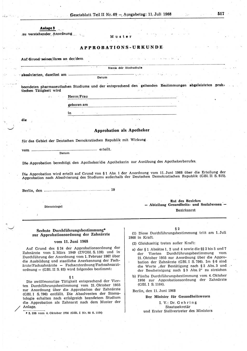 Gesetzblatt (GBl.) der Deutschen Demokratischen Republik (DDR) Teil ⅠⅠ 1968, Seite 517 (GBl. DDR ⅠⅠ 1968, S. 517)