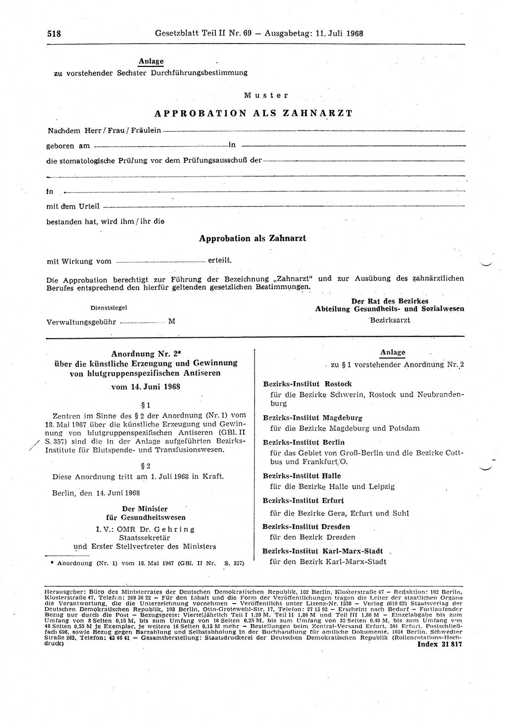 Gesetzblatt (GBl.) der Deutschen Demokratischen Republik (DDR) Teil ⅠⅠ 1968, Seite 518 (GBl. DDR ⅠⅠ 1968, S. 518)