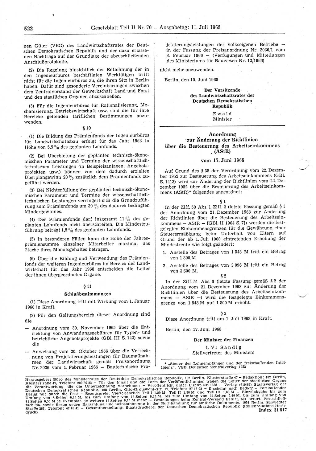Gesetzblatt (GBl.) der Deutschen Demokratischen Republik (DDR) Teil ⅠⅠ 1968, Seite 522 (GBl. DDR ⅠⅠ 1968, S. 522)