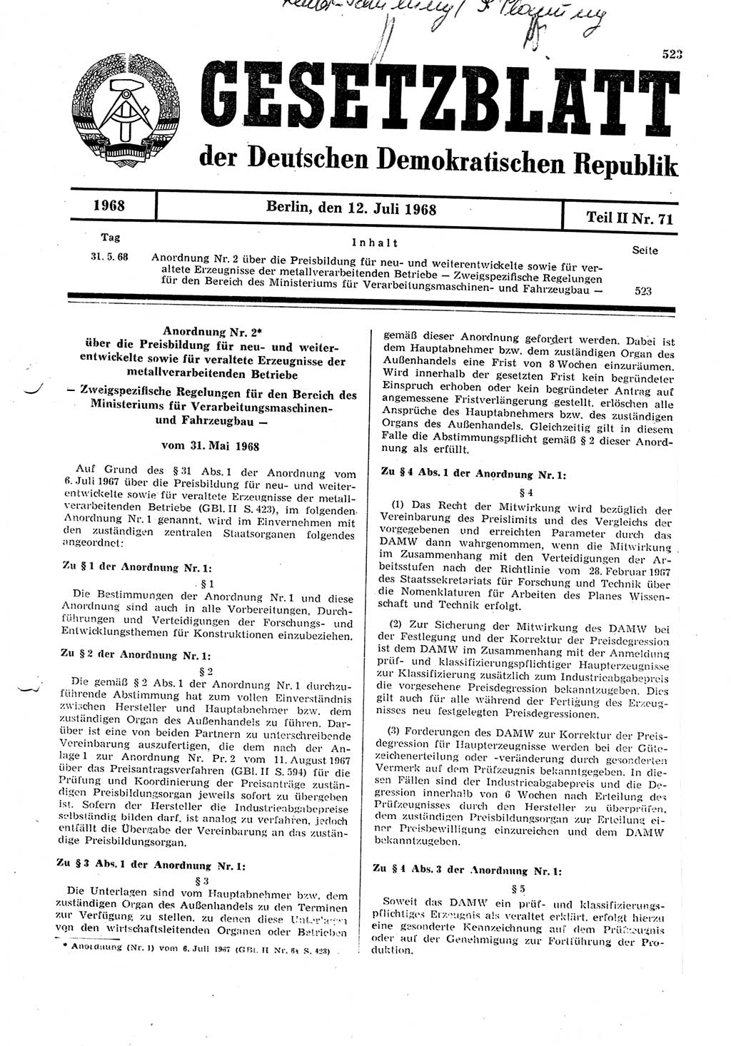 Gesetzblatt (GBl.) der Deutschen Demokratischen Republik (DDR) Teil ⅠⅠ 1968, Seite 523 (GBl. DDR ⅠⅠ 1968, S. 523)