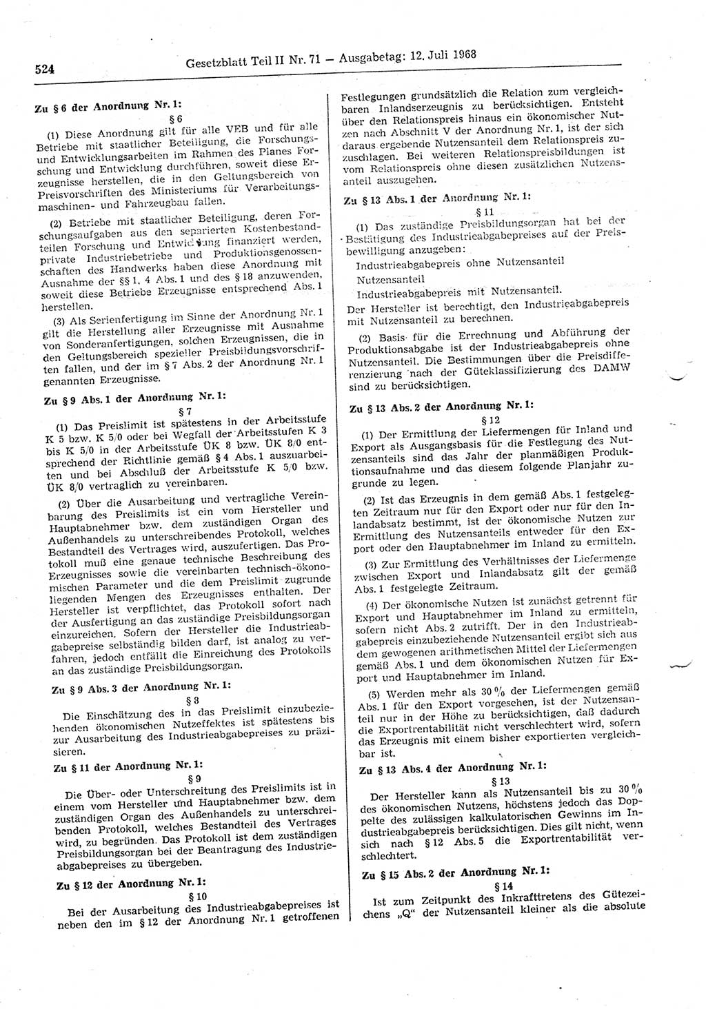 Gesetzblatt (GBl.) der Deutschen Demokratischen Republik (DDR) Teil ⅠⅠ 1968, Seite 524 (GBl. DDR ⅠⅠ 1968, S. 524)