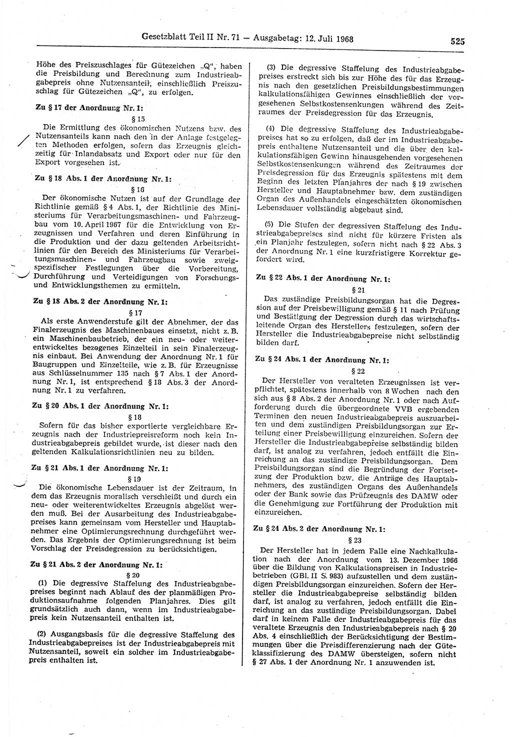 Gesetzblatt (GBl.) der Deutschen Demokratischen Republik (DDR) Teil ⅠⅠ 1968, Seite 525 (GBl. DDR ⅠⅠ 1968, S. 525)